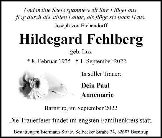 Anzeige  Hildegard Fehlberg  Lippische Landes-Zeitung