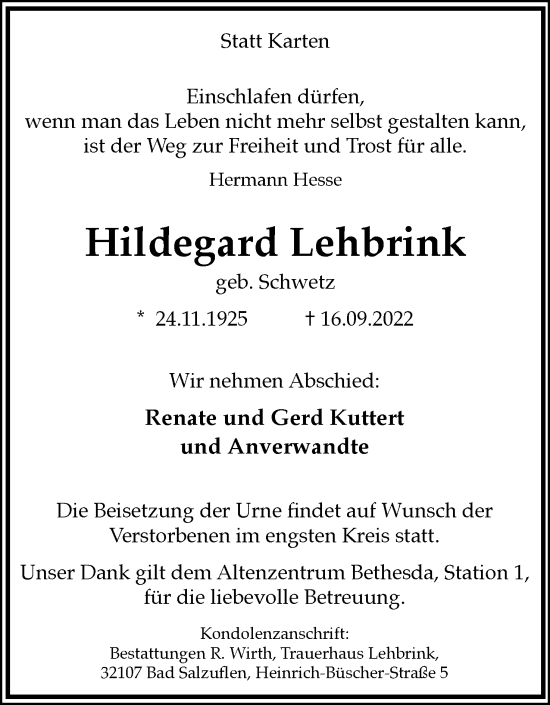 Anzeige  Hildegard Lehbrink  Lippische Landes-Zeitung