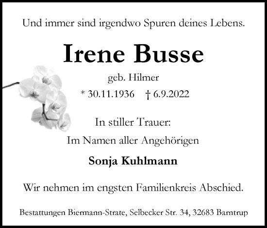 Anzeige  Irene Busse  Lippische Landes-Zeitung