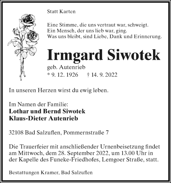 Anzeige  Irmgard Siwotek  Lippische Landes-Zeitung
