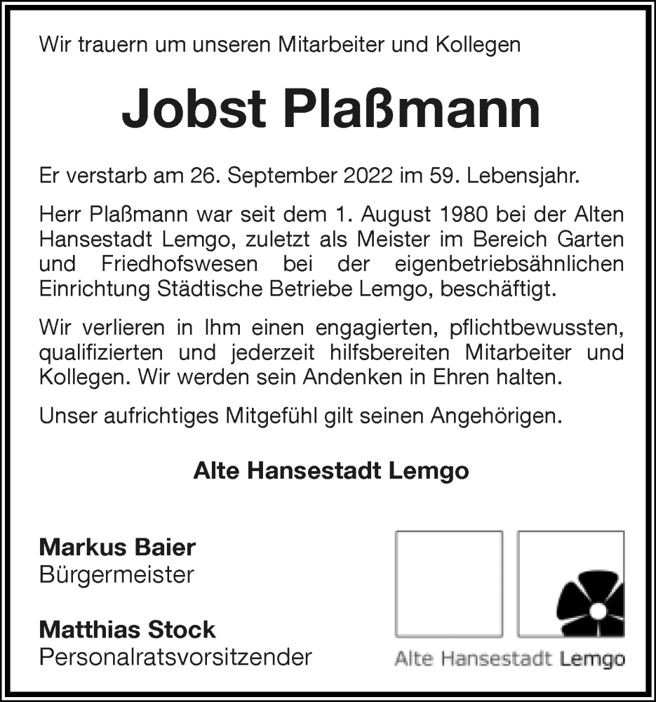  Traueranzeige für Jobst Plaßmann vom 30.09.2022 aus Lippische Landes-Zeitung