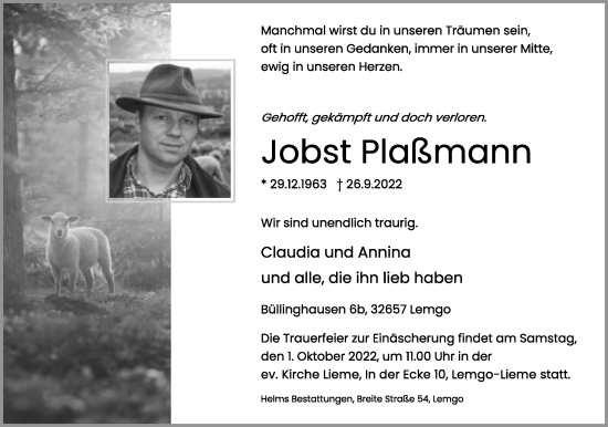 Anzeige  Jobst Plaßmann  Lippische Landes-Zeitung
