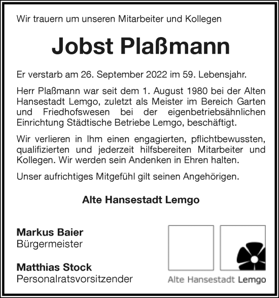 Anzeige  Jobst Plaßmann  Lippische Landes-Zeitung