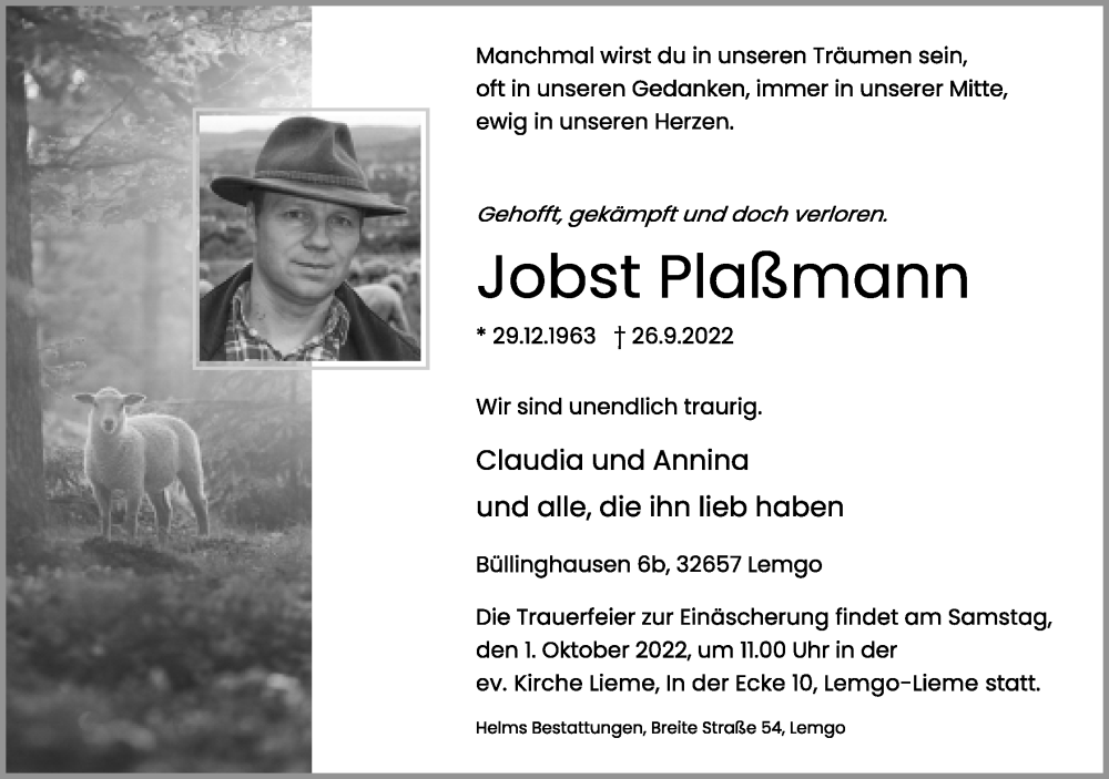  Traueranzeige für Jobst Plaßmann vom 29.09.2022 aus Lippische Landes-Zeitung