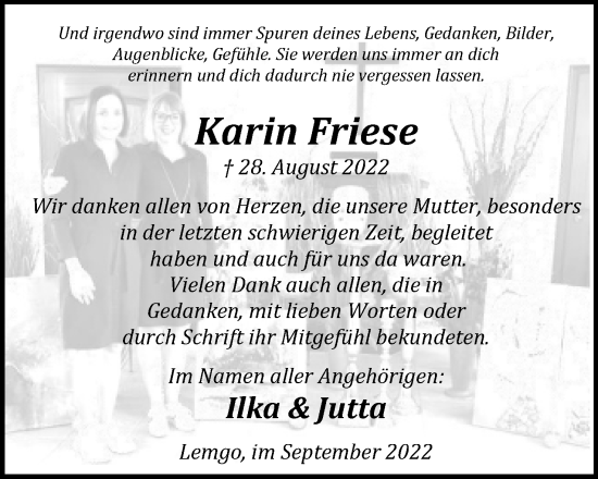 Anzeige  Karin Friese  Lippische Landes-Zeitung