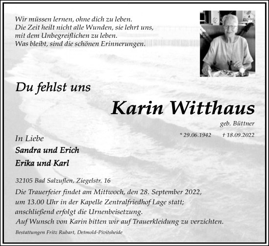 Anzeige  Karin Witthaus  Lippische Landes-Zeitung