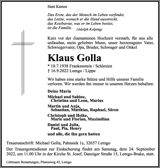 Anzeige  Klaus Golla  Lippische Landes-Zeitung