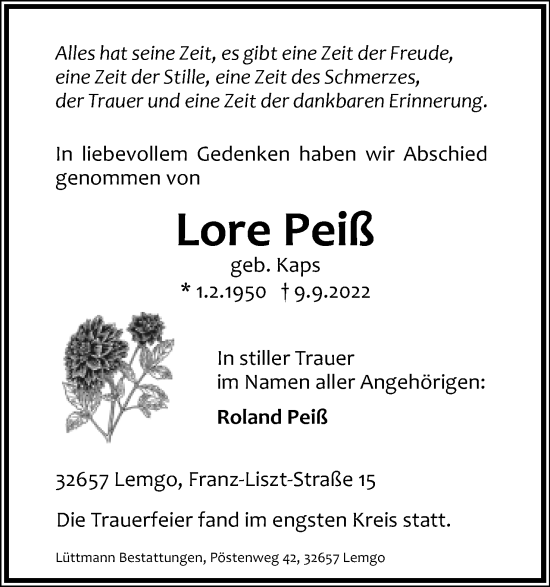 Anzeige  Lore Peiß  Lippische Landes-Zeitung
