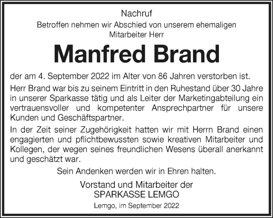 Anzeige  Manfred Brand  Lippische Landes-Zeitung