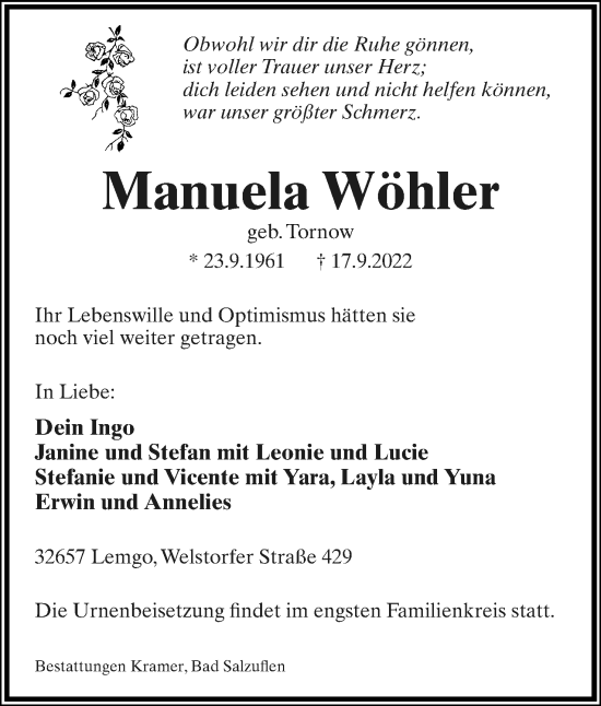 Anzeige  Manuela Wöhler  Lippische Landes-Zeitung