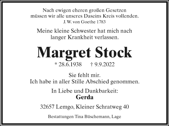 Anzeige  Margret Stock  Lippische Landes-Zeitung