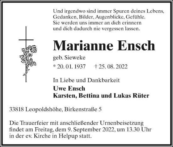 Anzeige  Marianne Ensch  Lippische Landes-Zeitung
