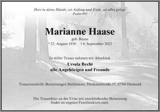 Anzeige  Marianne Haase  Lippische Landes-Zeitung