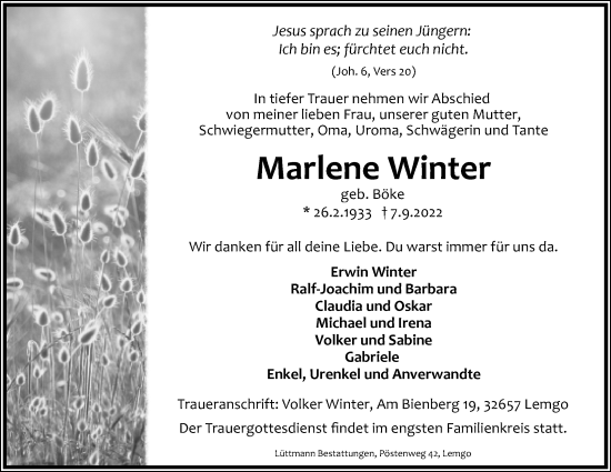 Anzeige  Marlene Winter  Lippische Landes-Zeitung