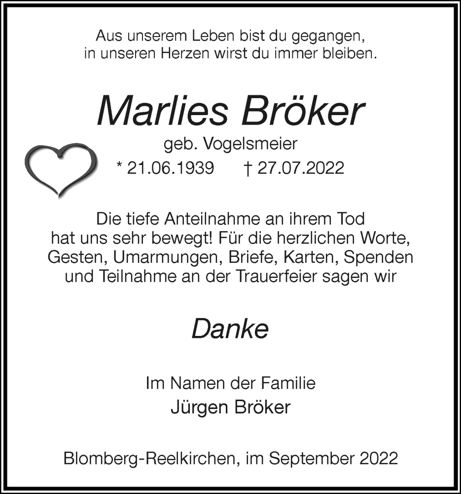  Traueranzeige für Marlies Bröker vom 03.09.2022 aus Lippische Landes-Zeitung
