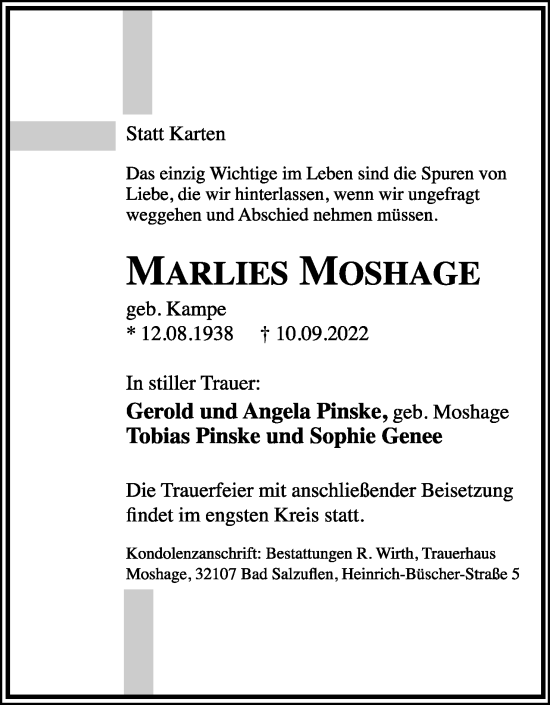 Anzeige  Marlies Moshage  Lippische Landes-Zeitung