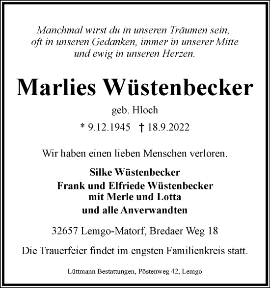 Anzeige  Marlies Wüstenbecker  Lippische Landes-Zeitung