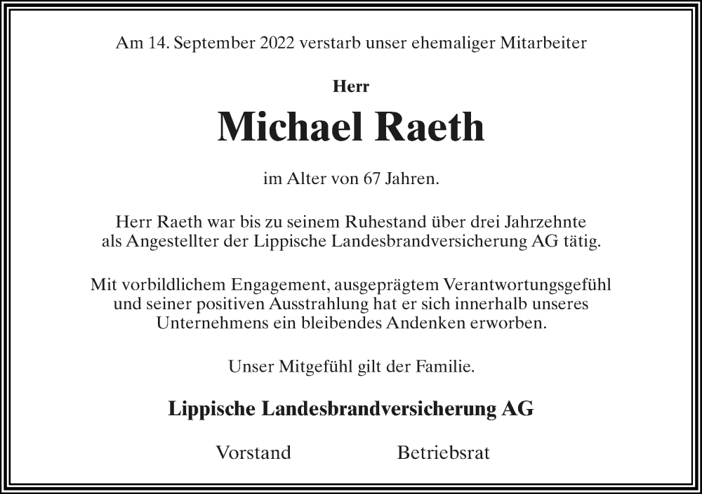  Traueranzeige für Michael Raeth vom 17.09.2022 aus Lippische Landes-Zeitung