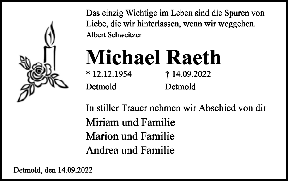  Traueranzeige für Michael Raeth vom 17.09.2022 aus Lippische Landes-Zeitung