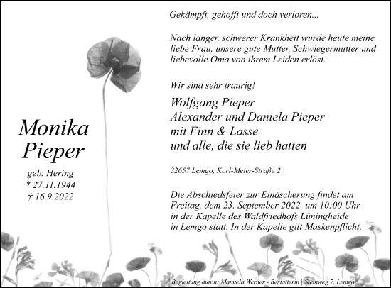 Anzeige  Monika Pieper  Lippische Landes-Zeitung