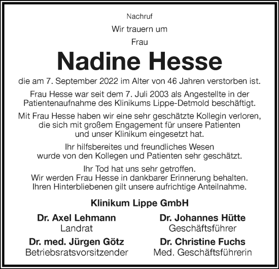 Anzeige  Nadine Hesse  Lippische Landes-Zeitung