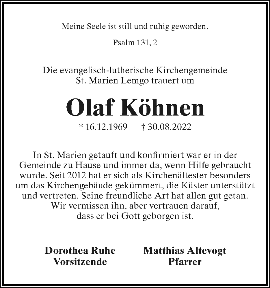  Traueranzeige für Olaf Köhnen vom 10.09.2022 aus Lippische Landes-Zeitung