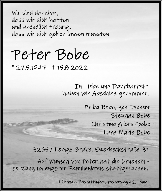 Anzeige  Peter Bobe  Lippische Landes-Zeitung