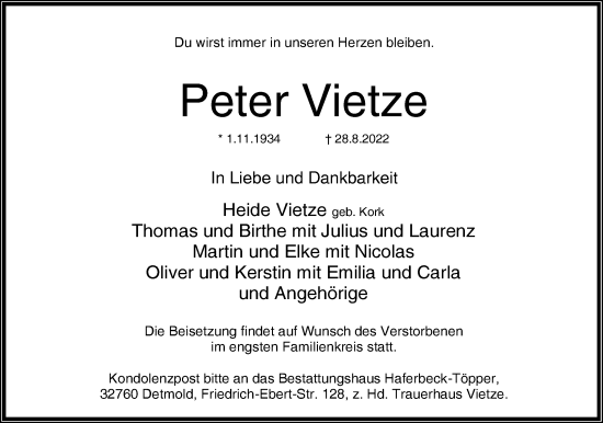 Anzeige  Peter Vietze  Lippische Landes-Zeitung