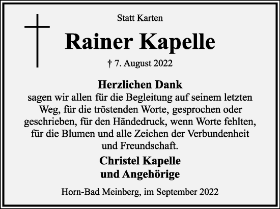 Anzeige  Rainer Kapelle  Lippische Landes-Zeitung
