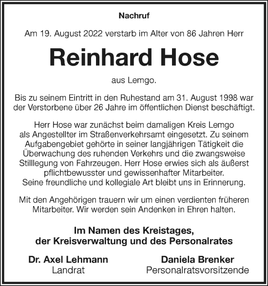Anzeige  Reinhard Hose  Lippische Landes-Zeitung