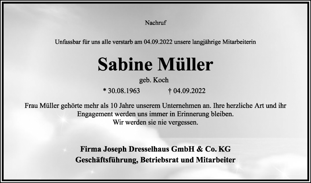  Traueranzeige für Sabine Müller vom 10.09.2022 aus Lippische Landes-Zeitung