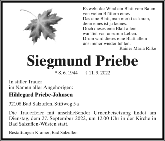 Anzeige  Siegmund Priebe  Lippische Landes-Zeitung