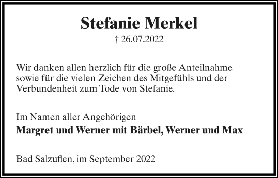 Anzeige  Stefanie Merkel  Lippische Landes-Zeitung