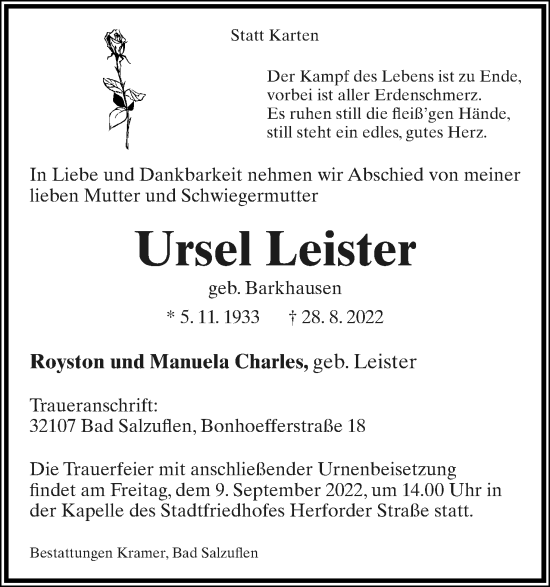 Anzeige  Ursel Leister  Lippische Landes-Zeitung