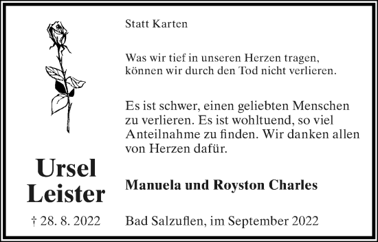 Anzeige  Ursel Leister  Lippische Landes-Zeitung