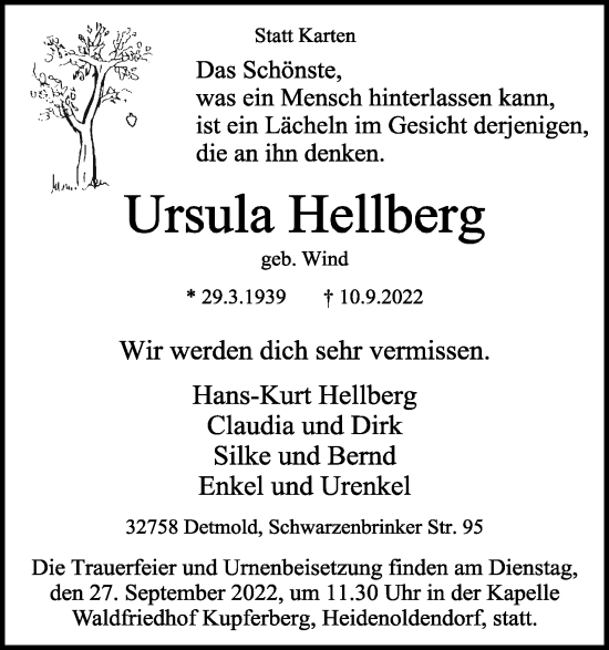 Anzeige  Ursula Hellberg  Lippische Landes-Zeitung