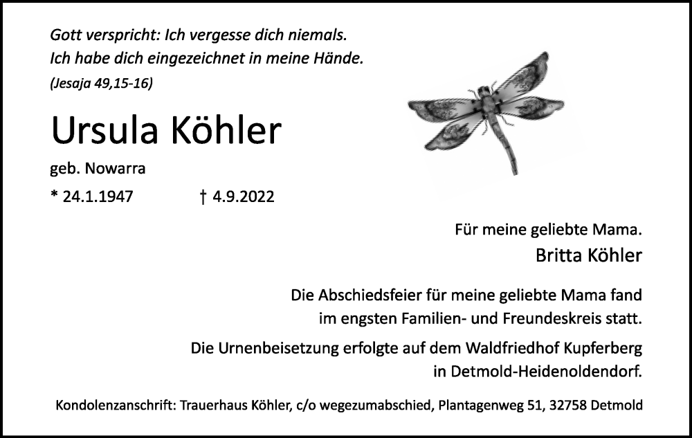  Traueranzeige für Ursula Köhler vom 17.09.2022 aus Lippische Landes-Zeitung