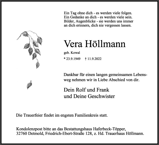 Anzeige  Vera Höllmann  Lippische Landes-Zeitung