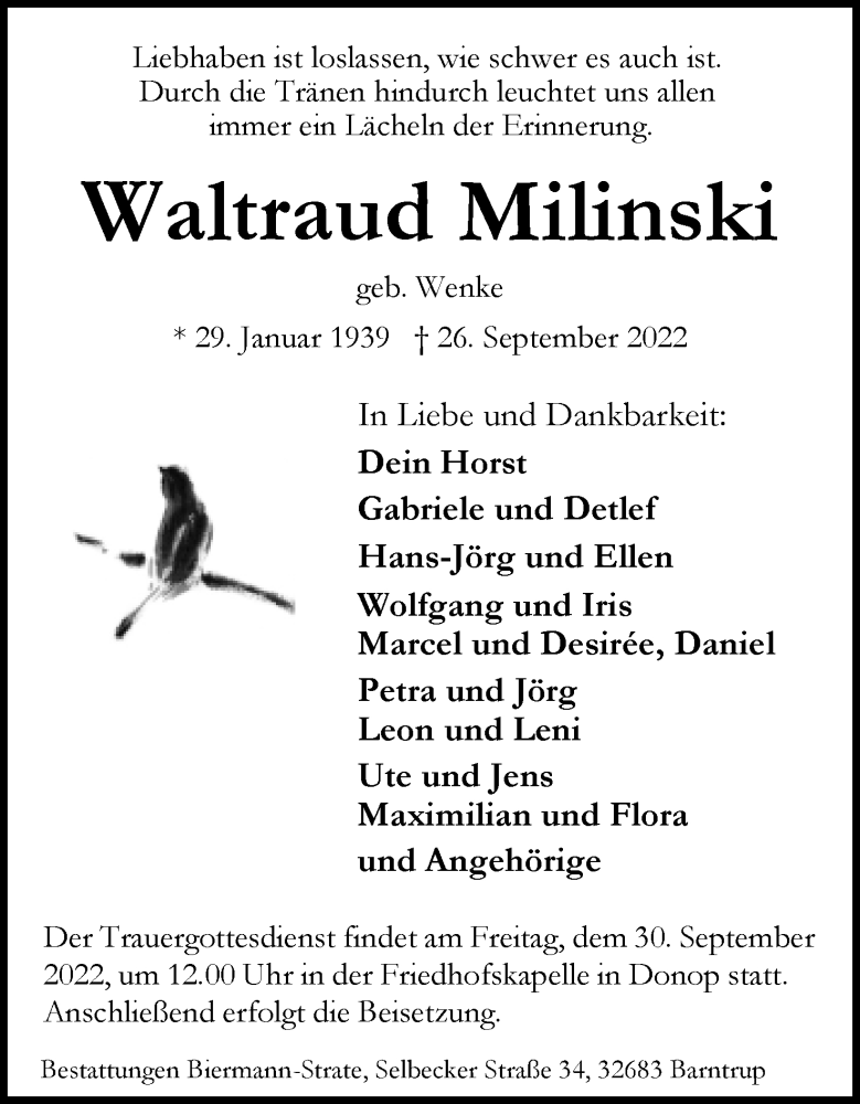  Traueranzeige für Waltraud Milinski vom 28.09.2022 aus Lippische Landes-Zeitung
