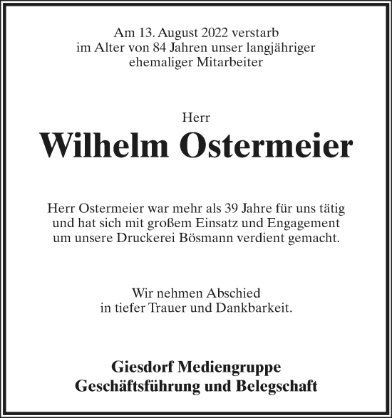 Anzeige  Wilhelm Ostermeier  Lippische Landes-Zeitung