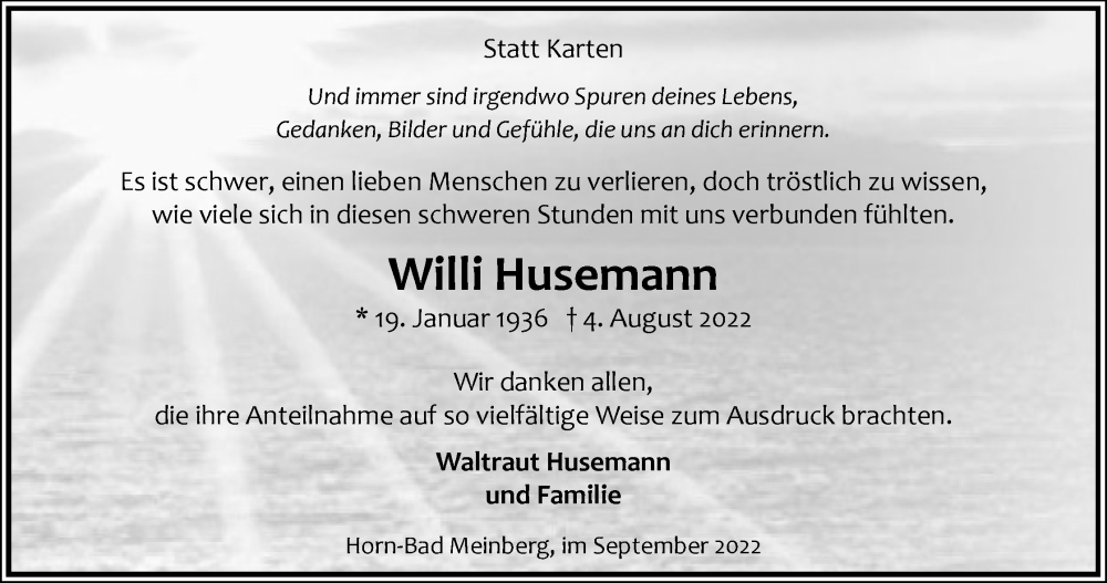  Traueranzeige für Willi Husemann vom 10.09.2022 aus Lippische Landes-Zeitung
