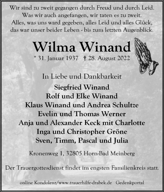 Anzeige  Wilma Winand  Lippische Landes-Zeitung