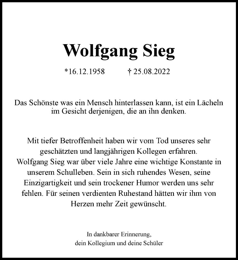  Traueranzeige für Wolfgang Sieg vom 17.09.2022 aus Lippische Landes-Zeitung