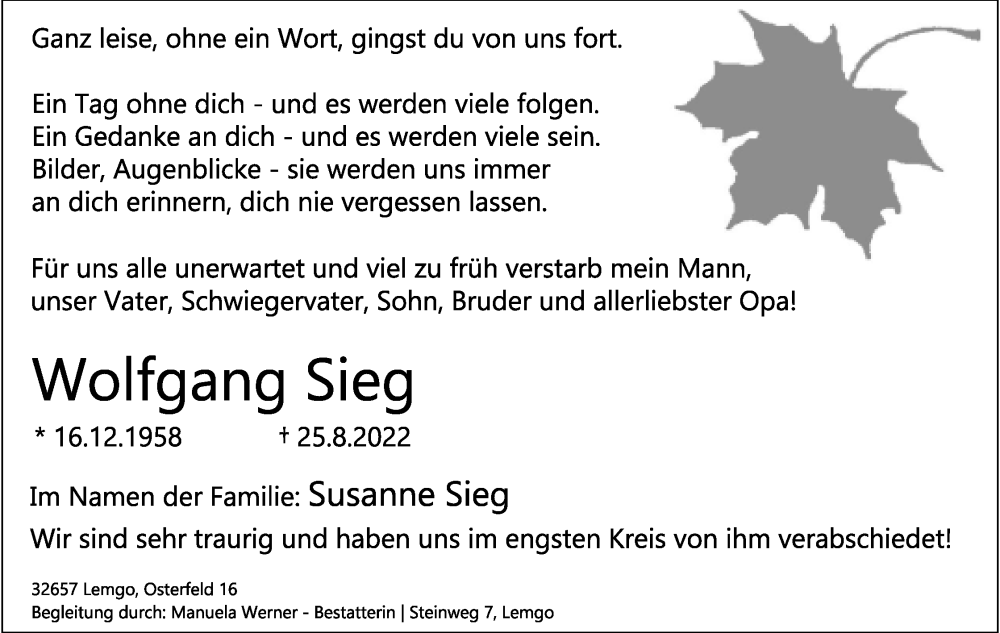  Traueranzeige für Wolfgang Sieg vom 10.09.2022 aus Lippische Landes-Zeitung