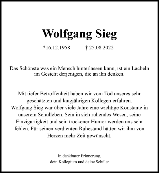 Anzeige  Wolfgang Sieg  Lippische Landes-Zeitung