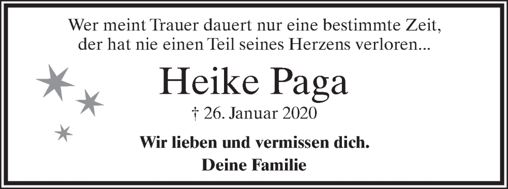  Traueranzeige für Heike Paga vom 26.01.2023 aus Lippische Landes-Zeitung