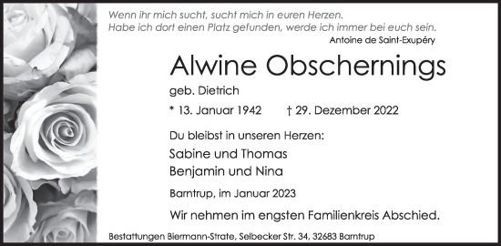 Anzeige  Alwine Obschernings  Lippische Landes-Zeitung