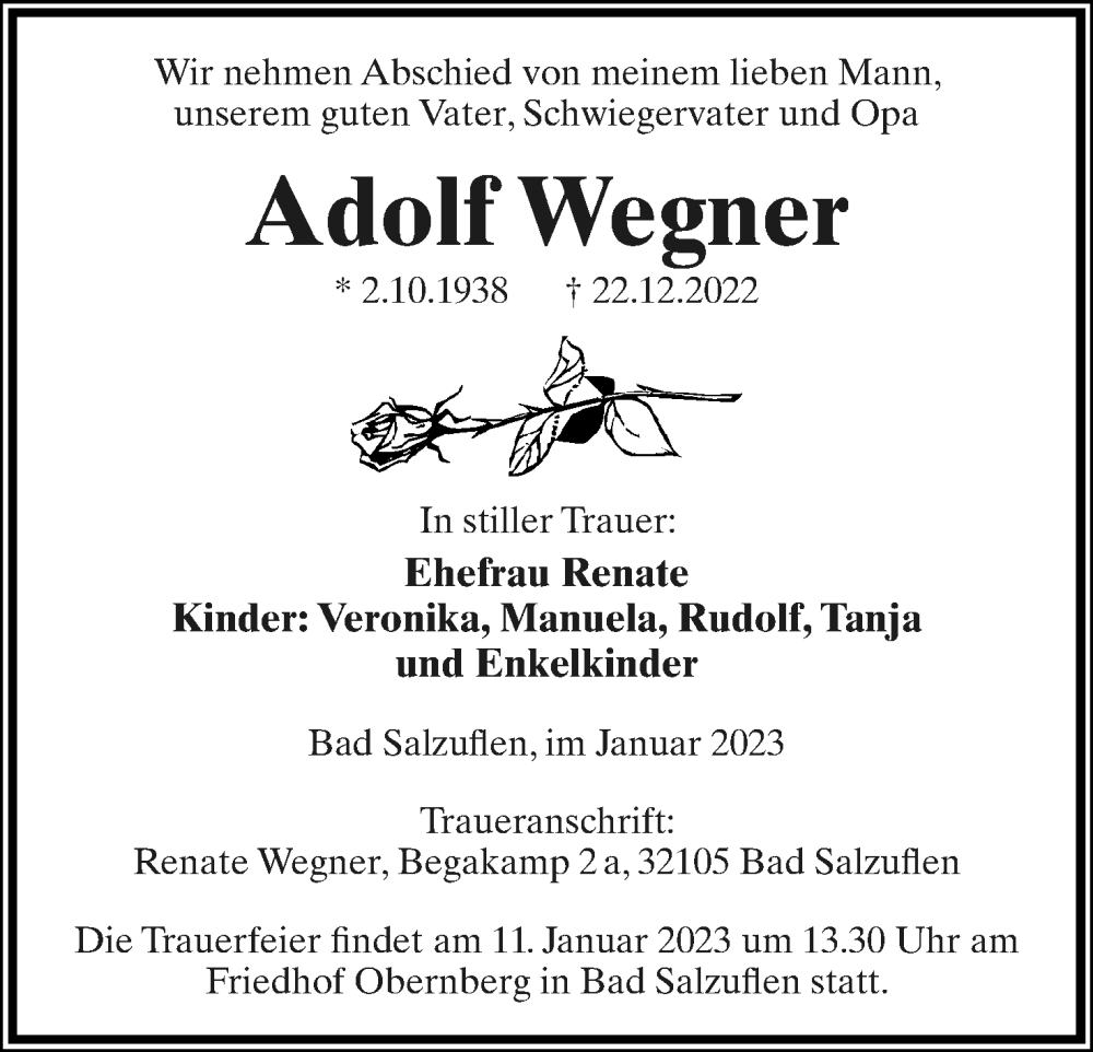  Traueranzeige für Adolf Wegner vom 07.01.2023 aus Lippische Landes-Zeitung