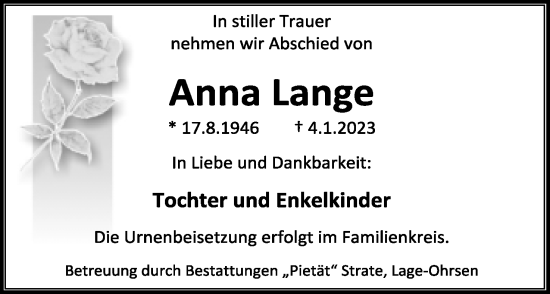Anzeige  Anna Lange  Lippische Landes-Zeitung