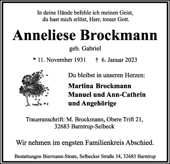 Anzeige  Anneliese Brockmann  Lippische Landes-Zeitung